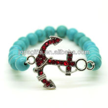 Bracelet en pierres précieuses élastique en perles rondes 8MM turquoise avec pièce d&#39;alliage d&#39;ancrage Diamante